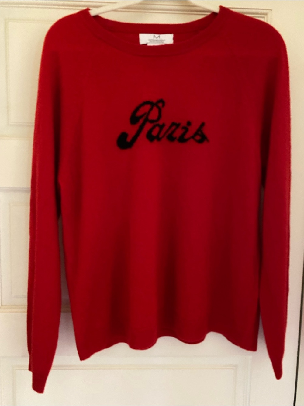 NWOT Magaschoni Red 💯% Cashmere Crew Neck Sweater with “Paris” in Script XL